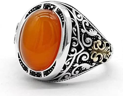 Solid 925 Sterling Silver Men's Ring Red Agate Stone Ring Trkiye Handmade Agate Silver Luxury Vintage Men's Ring Simple Style