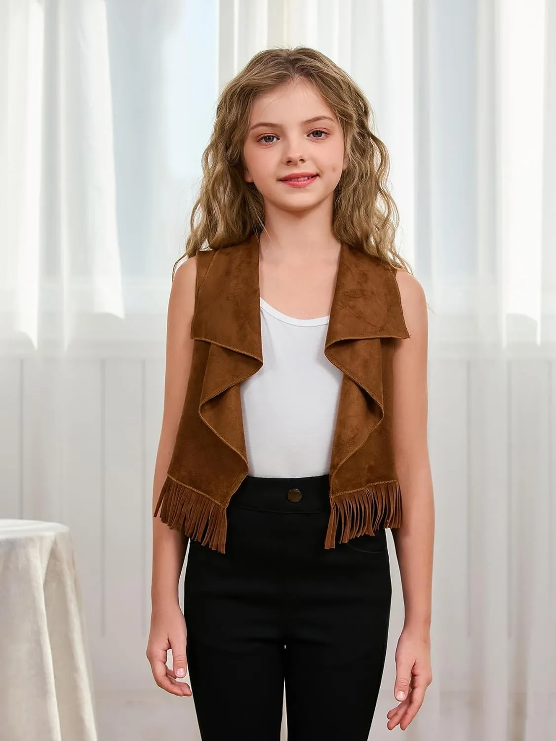 SOLY HUX Girl's Cute Vest Sleeveless Fringe Suede Vests Western Vest Jacket Cardigan Trendy Fall Outerwear