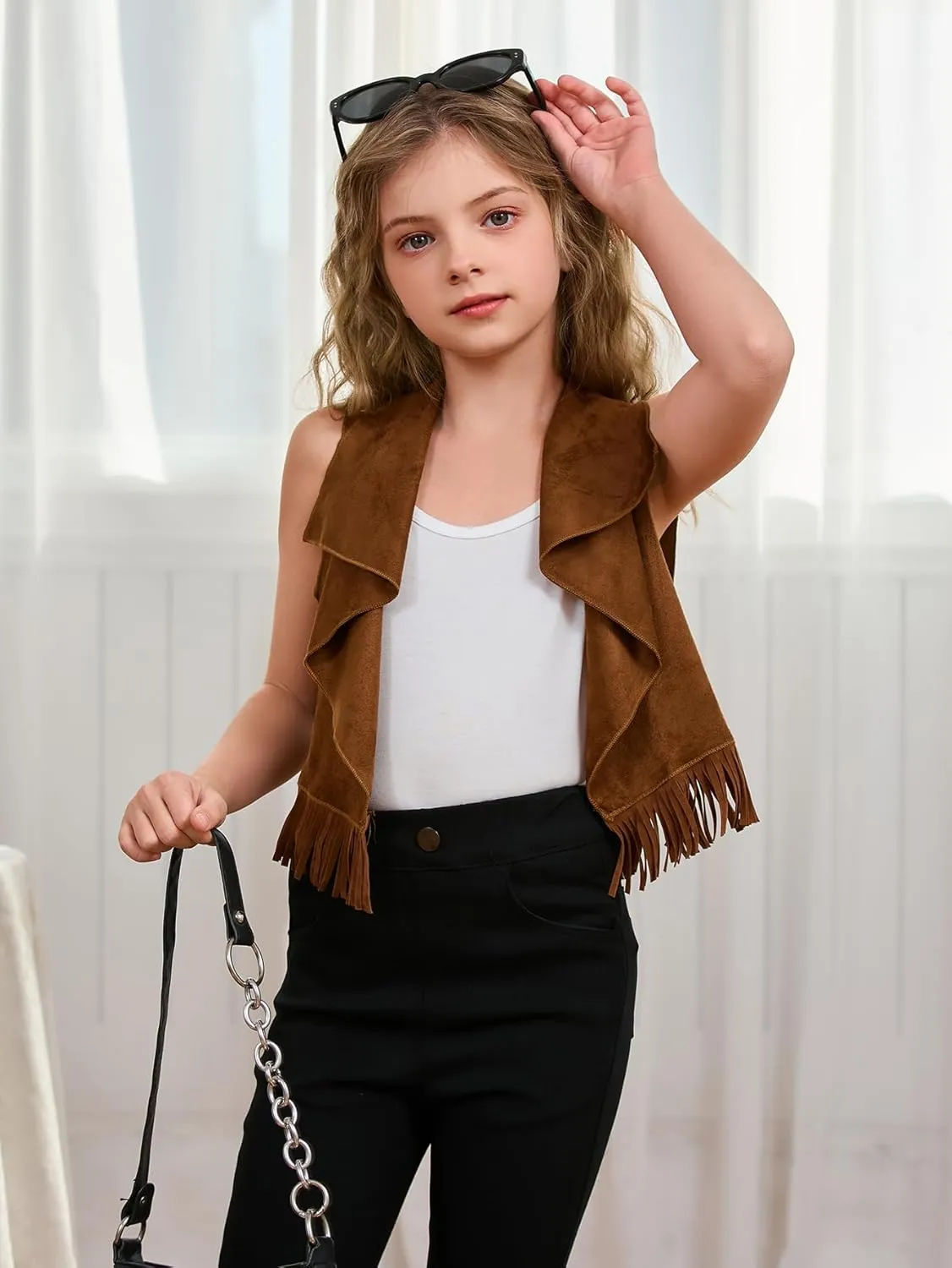 SOLY HUX Girl's Cute Vest Sleeveless Fringe Suede Vests Western Vest Jacket Cardigan Trendy Fall Outerwear