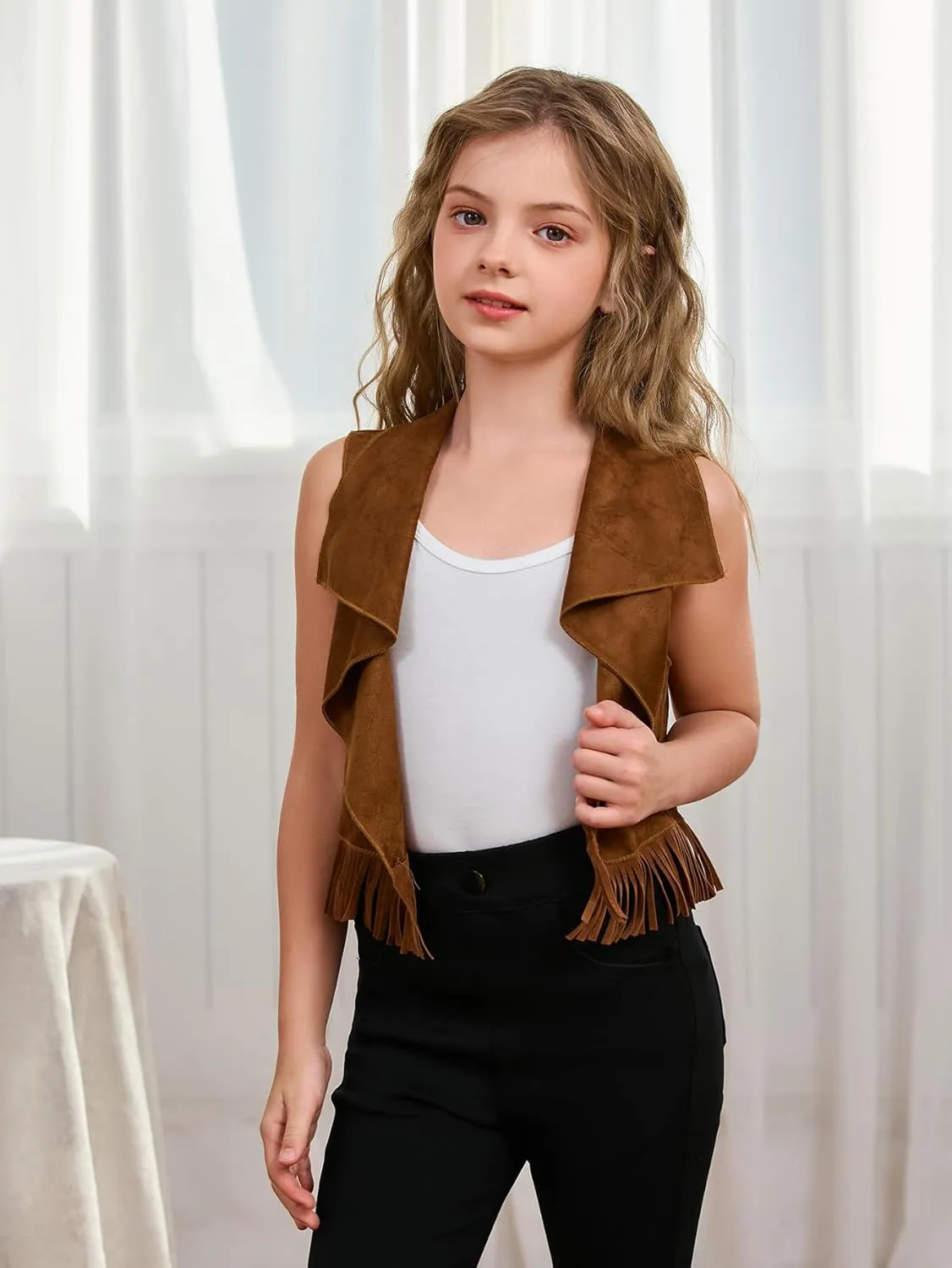 SOLY HUX Girl's Cute Vest Sleeveless Fringe Suede Vests Western Vest Jacket Cardigan Trendy Fall Outerwear