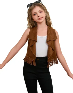 SOLY HUX Girl's Cute Vest Sleeveless Fringe Suede Vests Western Vest Jacket Cardigan Trendy Fall Outerwear