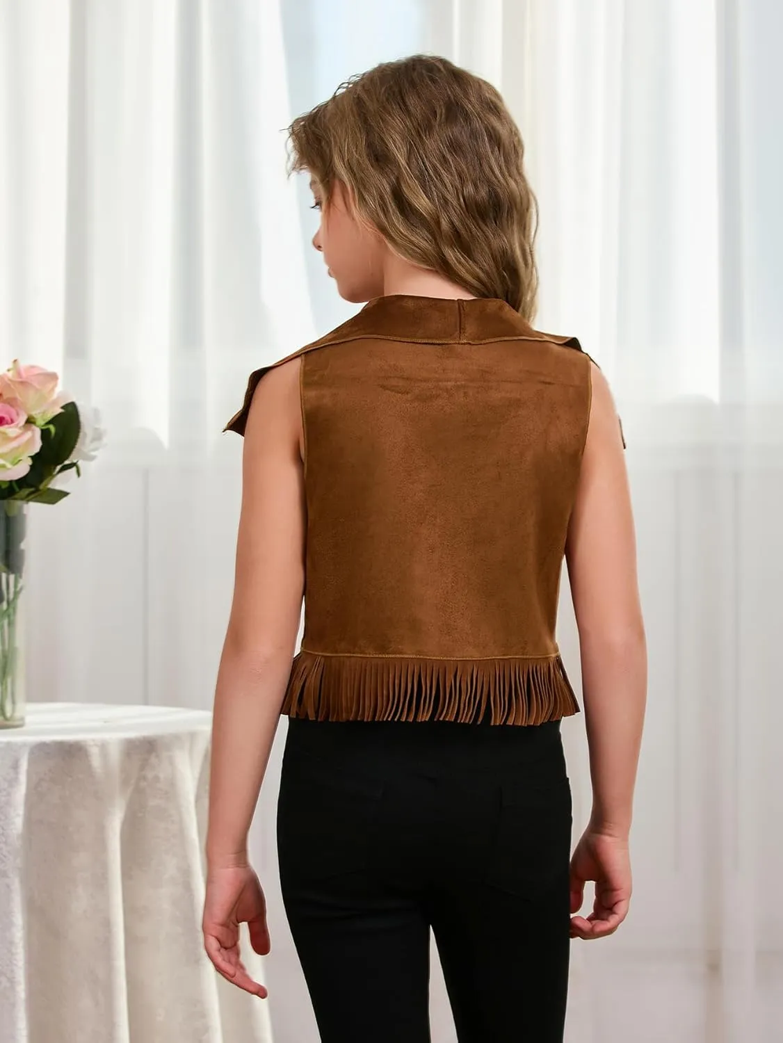 SOLY HUX Girl's Cute Vest Sleeveless Fringe Suede Vests Western Vest Jacket Cardigan Trendy Fall Outerwear