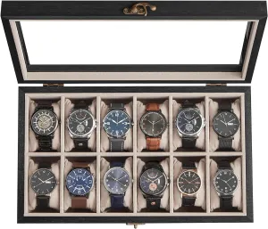 SONGMICS 12-Slot Watch Box, Solid Wood Organizer With Glass Lid, Display Case With Removable Pillows, Gift for Loved Ones, Ebony Black UJOW120B01