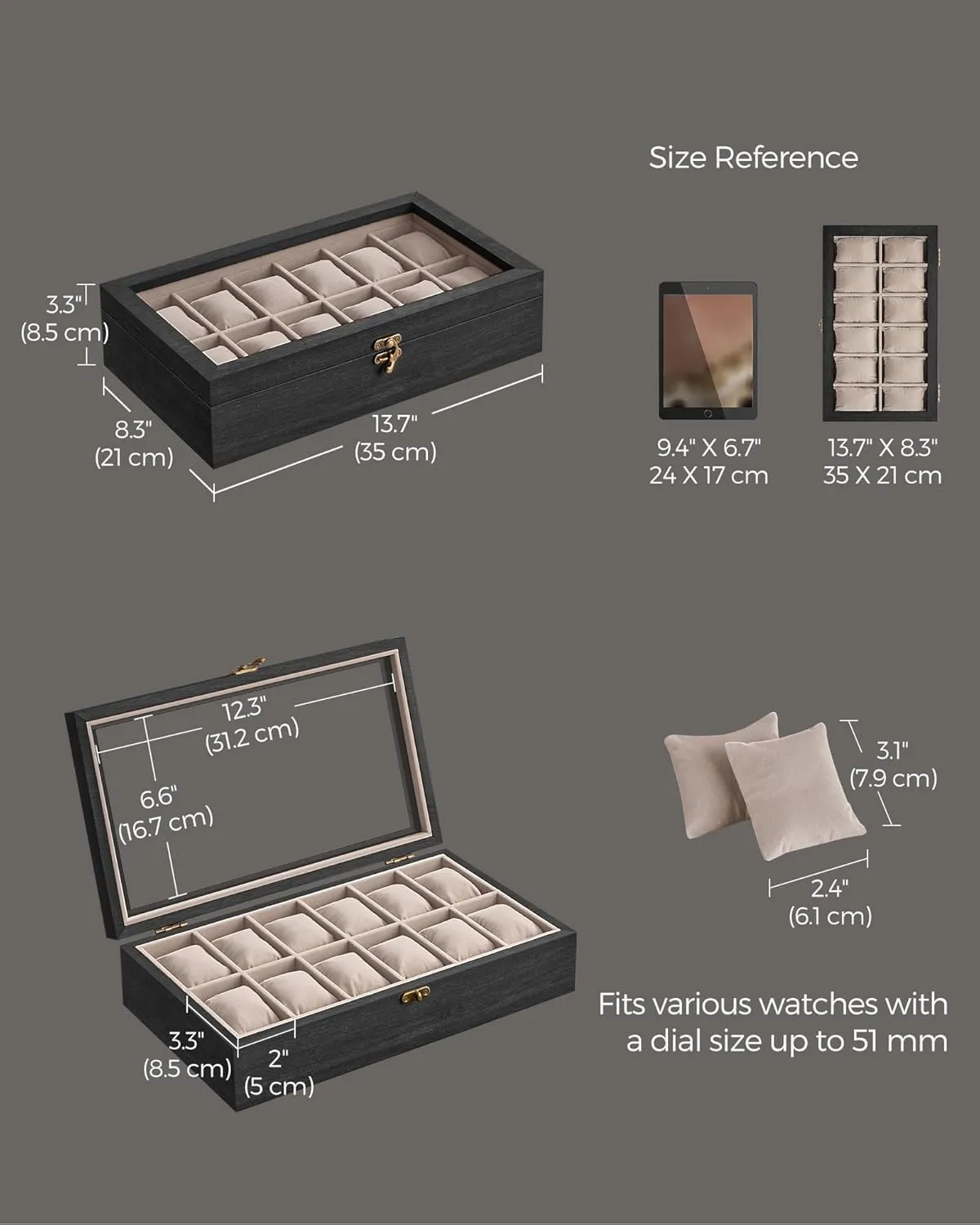 SONGMICS 12-Slot Watch Box, Solid Wood Organizer With Glass Lid, Display Case With Removable Pillows, Gift for Loved Ones, Ebony Black UJOW120B01
