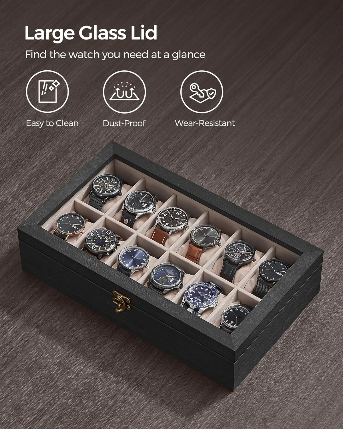 SONGMICS 12-Slot Watch Box, Solid Wood Organizer With Glass Lid, Display Case With Removable Pillows, Gift for Loved Ones, Ebony Black UJOW120B01
