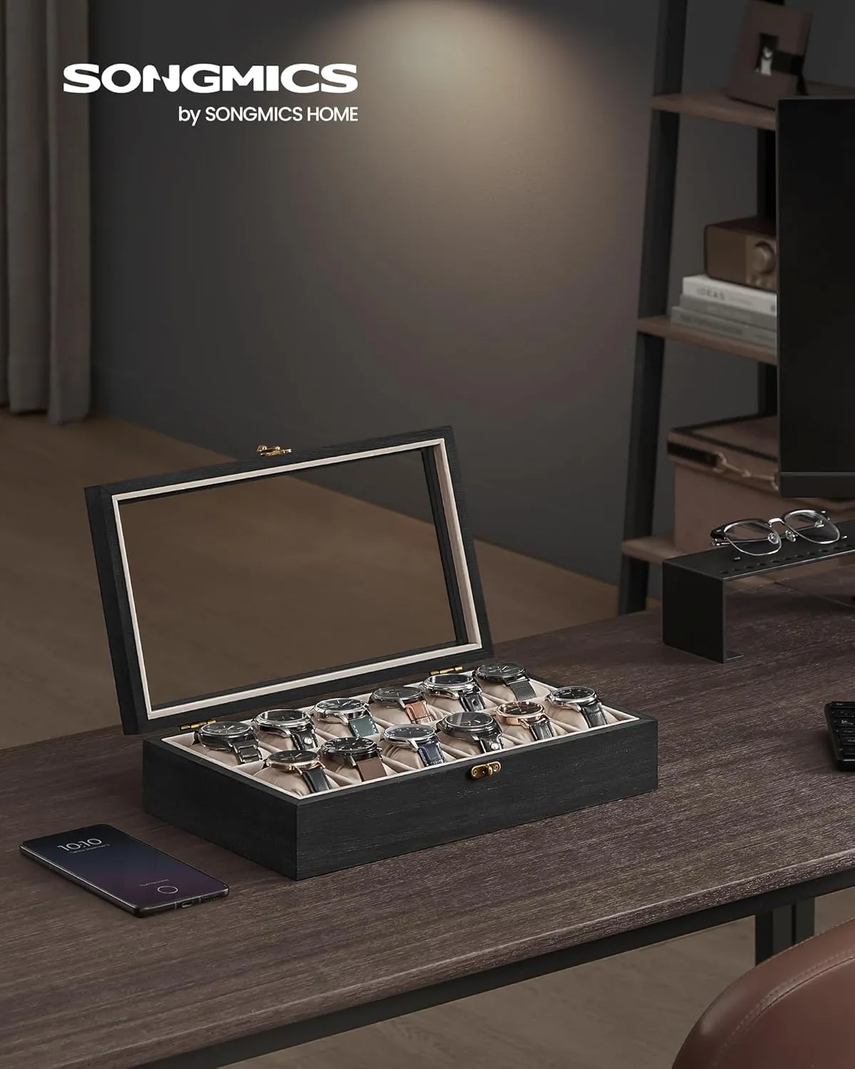 SONGMICS 12-Slot Watch Box, Solid Wood Organizer With Glass Lid, Display Case With Removable Pillows, Gift for Loved Ones, Ebony Black UJOW120B01