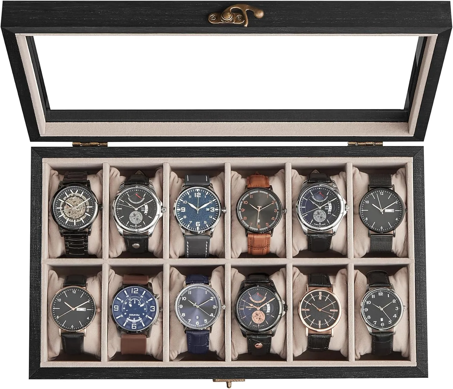 SONGMICS 12-Slot Watch Box, Solid Wood Organizer With Glass Lid, Display Case With Removable Pillows, Gift for Loved Ones, Ebony Black UJOW120B01
