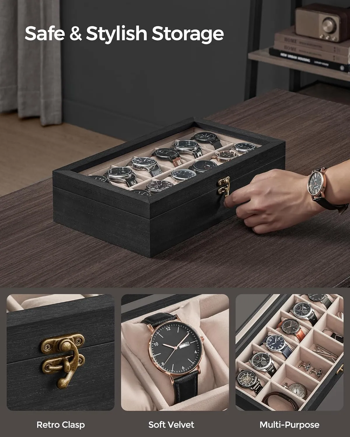 SONGMICS 12-Slot Watch Box, Solid Wood Organizer With Glass Lid, Display Case With Removable Pillows, Gift for Loved Ones, Ebony Black UJOW120B01