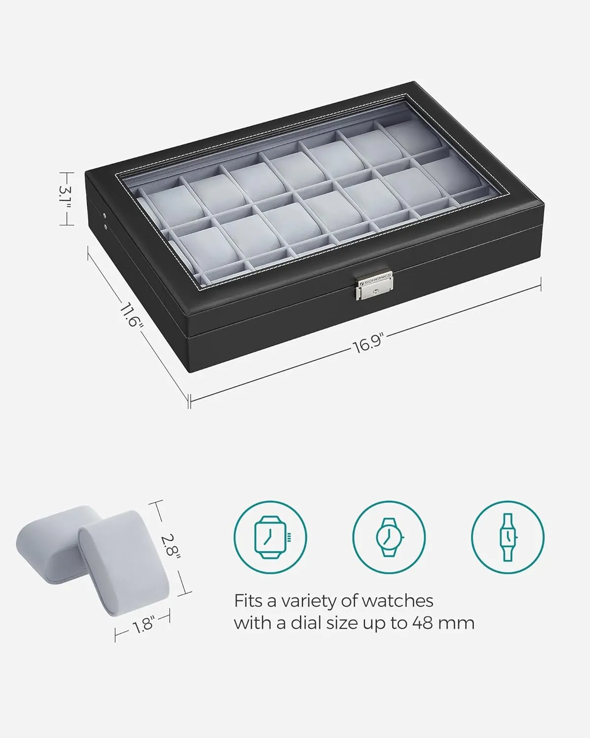SONGMICS 24-Slot Watch Box, Lockable Storage Case With Glass Lid, Ink Black Synthetic Leather, Dove Gray Lining, Gift Idea UJWB024