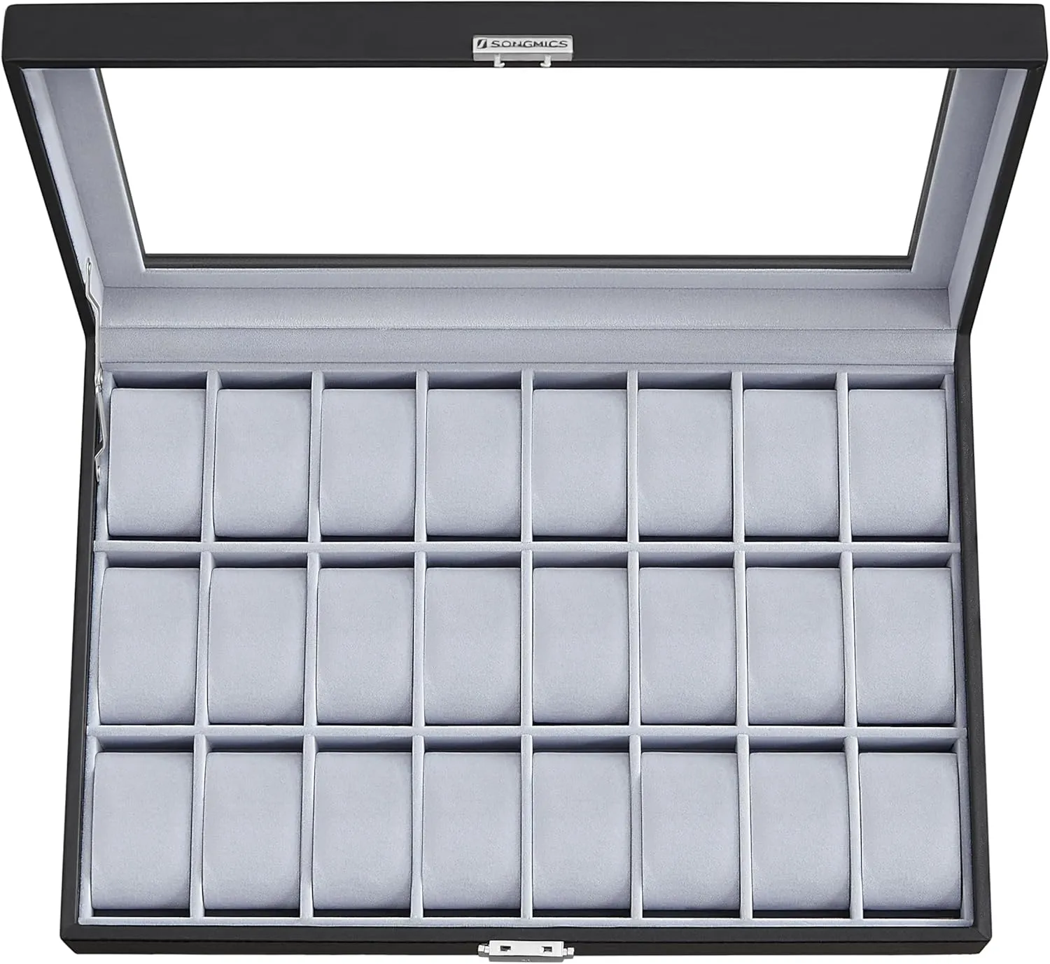 SONGMICS 24-Slot Watch Box, Lockable Storage Case With Glass Lid, Ink Black Synthetic Leather, Dove Gray Lining, Gift Idea UJWB024