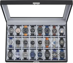 SONGMICS 24-Slot Watch Box, Lockable Storage Case With Glass Lid, Ink Black Synthetic Leather, Dove Gray Lining, Gift Idea UJWB024