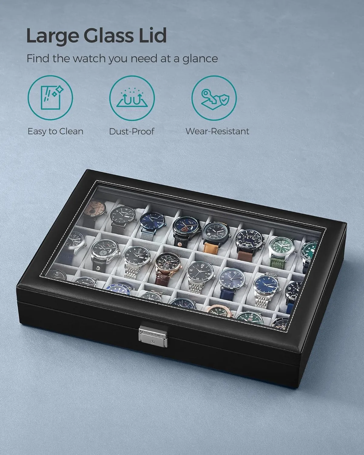 SONGMICS 24-Slot Watch Box, Lockable Storage Case With Glass Lid, Ink Black Synthetic Leather, Dove Gray Lining, Gift Idea UJWB024
