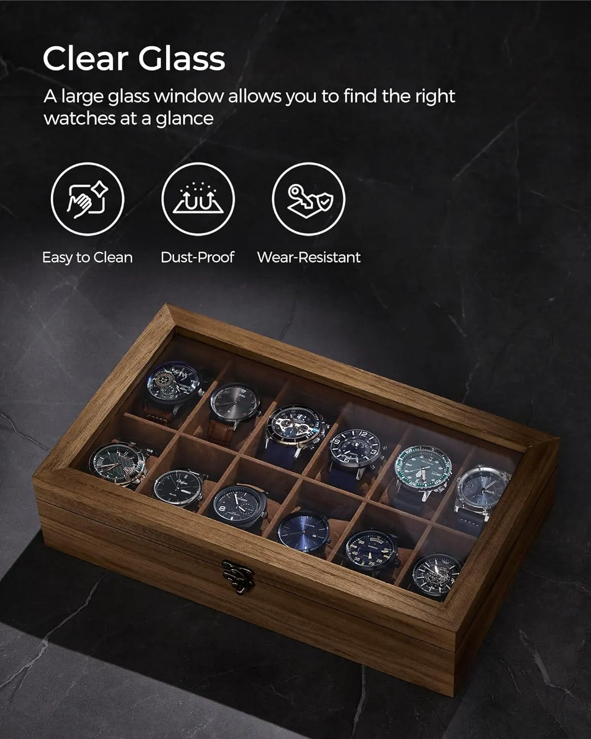 SONGMICS Watch Box, 12-Slot Watch Case, Solid Wood Watch Box Organizer with Glass Lid, Rustic Walnut UJOW120K01