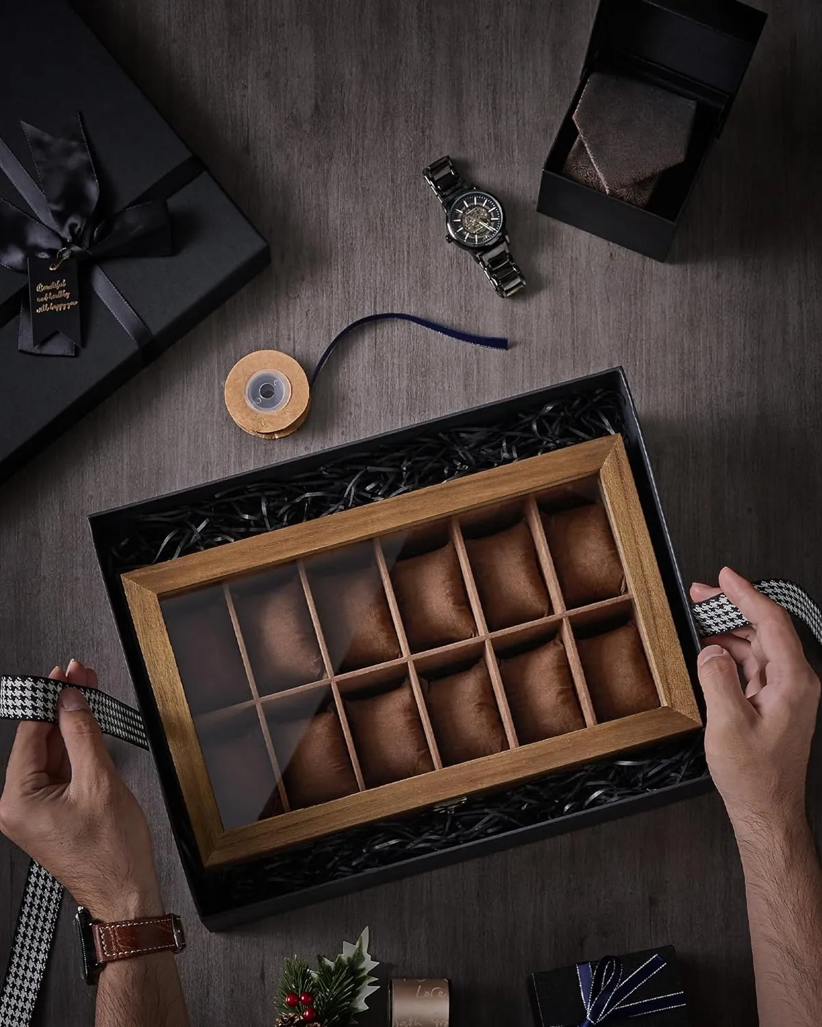 SONGMICS Watch Box, 12-Slot Watch Case, Solid Wood Watch Box Organizer with Glass Lid, Rustic Walnut UJOW120K01