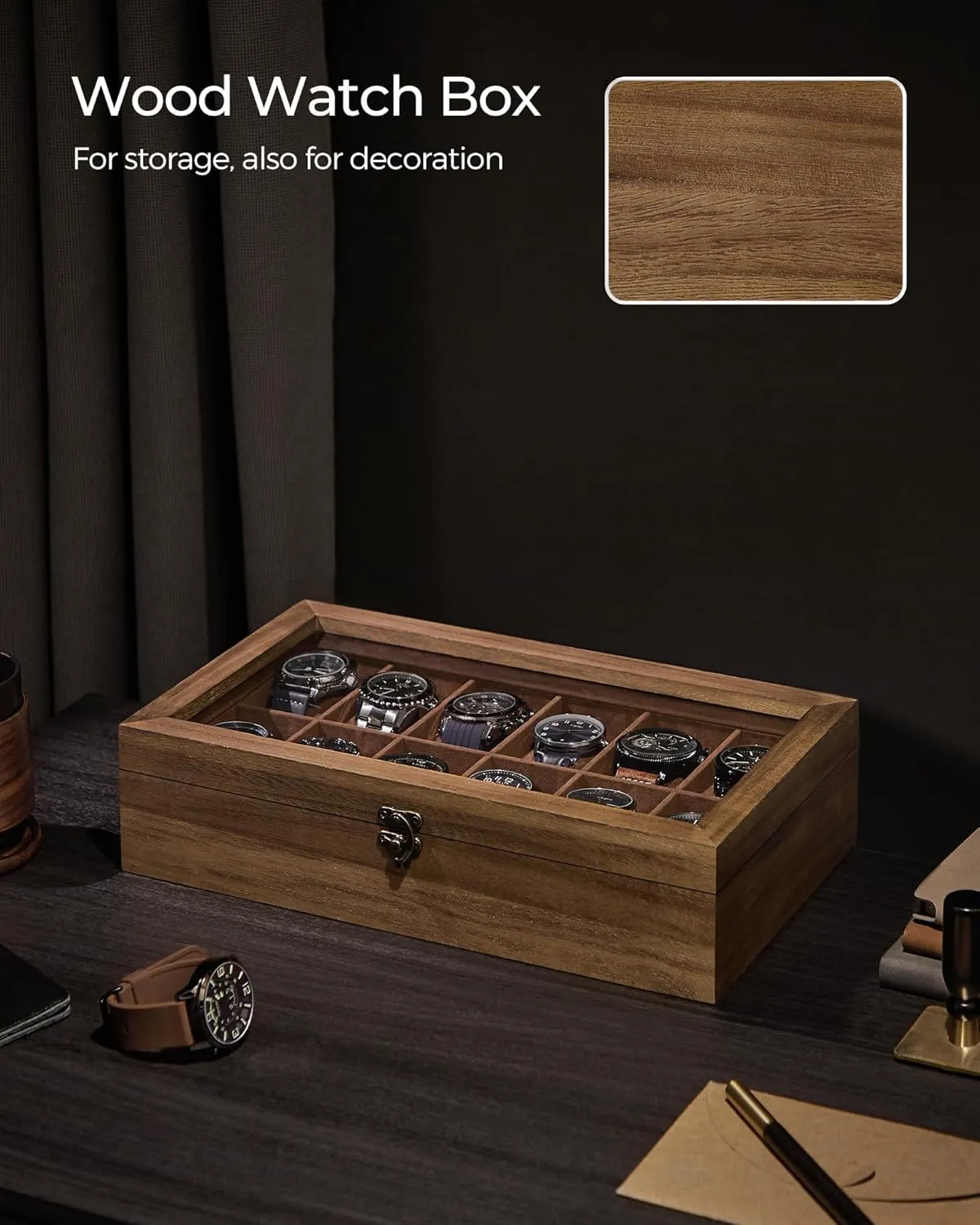 SONGMICS Watch Box, 12-Slot Watch Case, Solid Wood Watch Box Organizer with Glass Lid, Rustic Walnut UJOW120K01