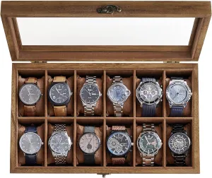 SONGMICS Watch Box, 12-Slot Watch Case, Solid Wood Watch Box Organizer with Glass Lid, Rustic Walnut UJOW120K01