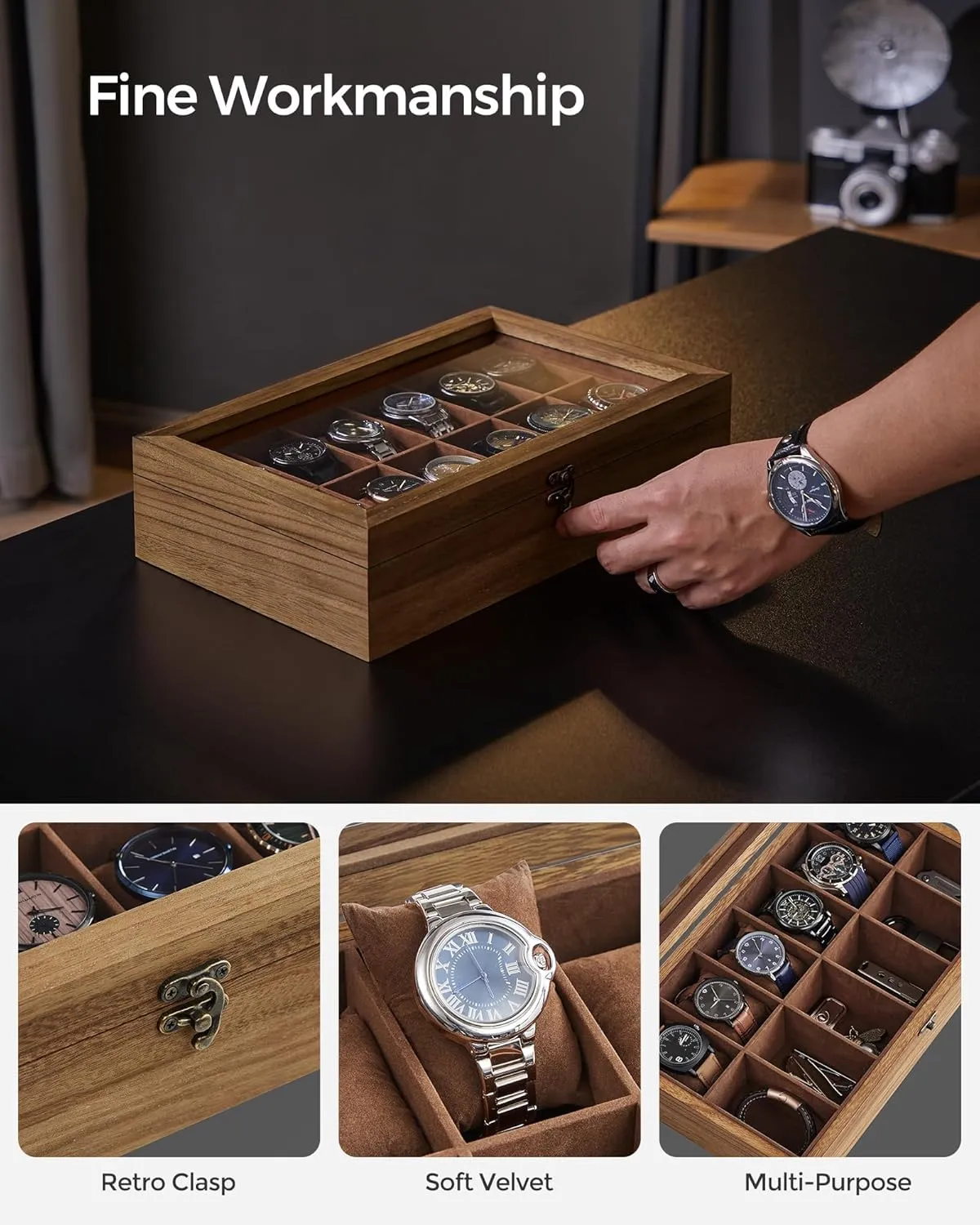 SONGMICS Watch Box, 12-Slot Watch Case, Solid Wood Watch Box Organizer with Glass Lid, Rustic Walnut UJOW120K01
