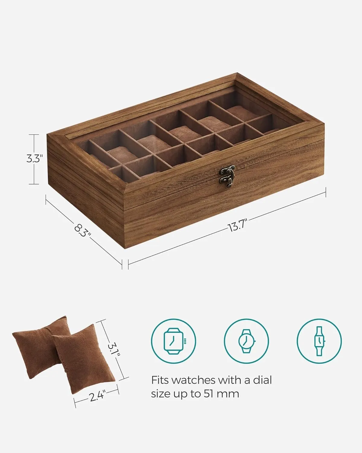 SONGMICS Watch Box, 12-Slot Watch Case, Solid Wood Watch Box Organizer with Glass Lid, Rustic Walnut UJOW120K01