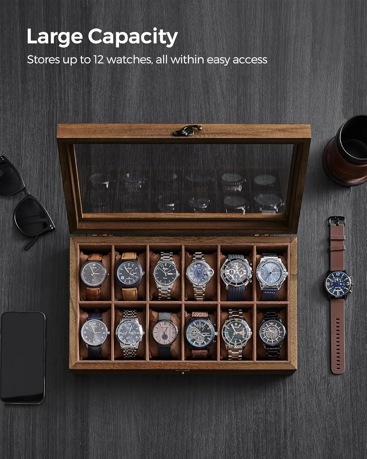 SONGMICS Watch Box, 12-Slot Watch Case, Solid Wood Watch Box Organizer with Glass Lid, Rustic Walnut UJOW120K01