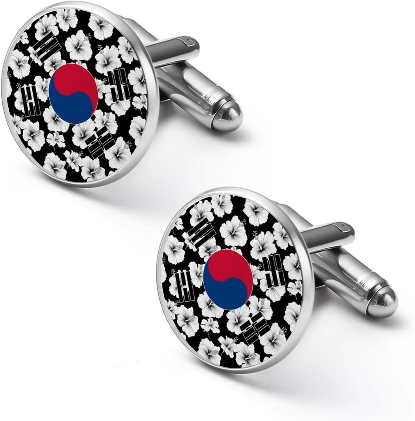 South Korea Korean Flag Hibiscus Flowers Cufflinks for Men Round Cuff Links Tuxedo Shirts for Business Wedding Formal Suit