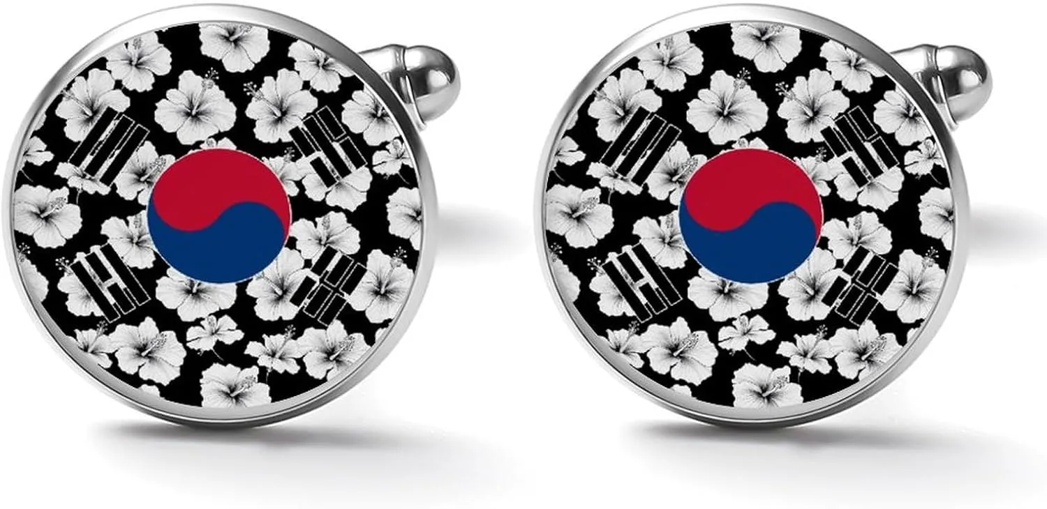 South Korea Korean Flag Hibiscus Flowers Cufflinks for Men Round Cuff Links Tuxedo Shirts for Business Wedding Formal Suit
