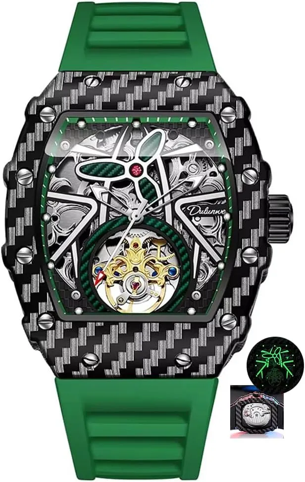 Sports Mens Watches White Rubber Strap Hollow Out Automatic Mechanical Watch Waterproof Luminous Tonneau Dial Wristwatch