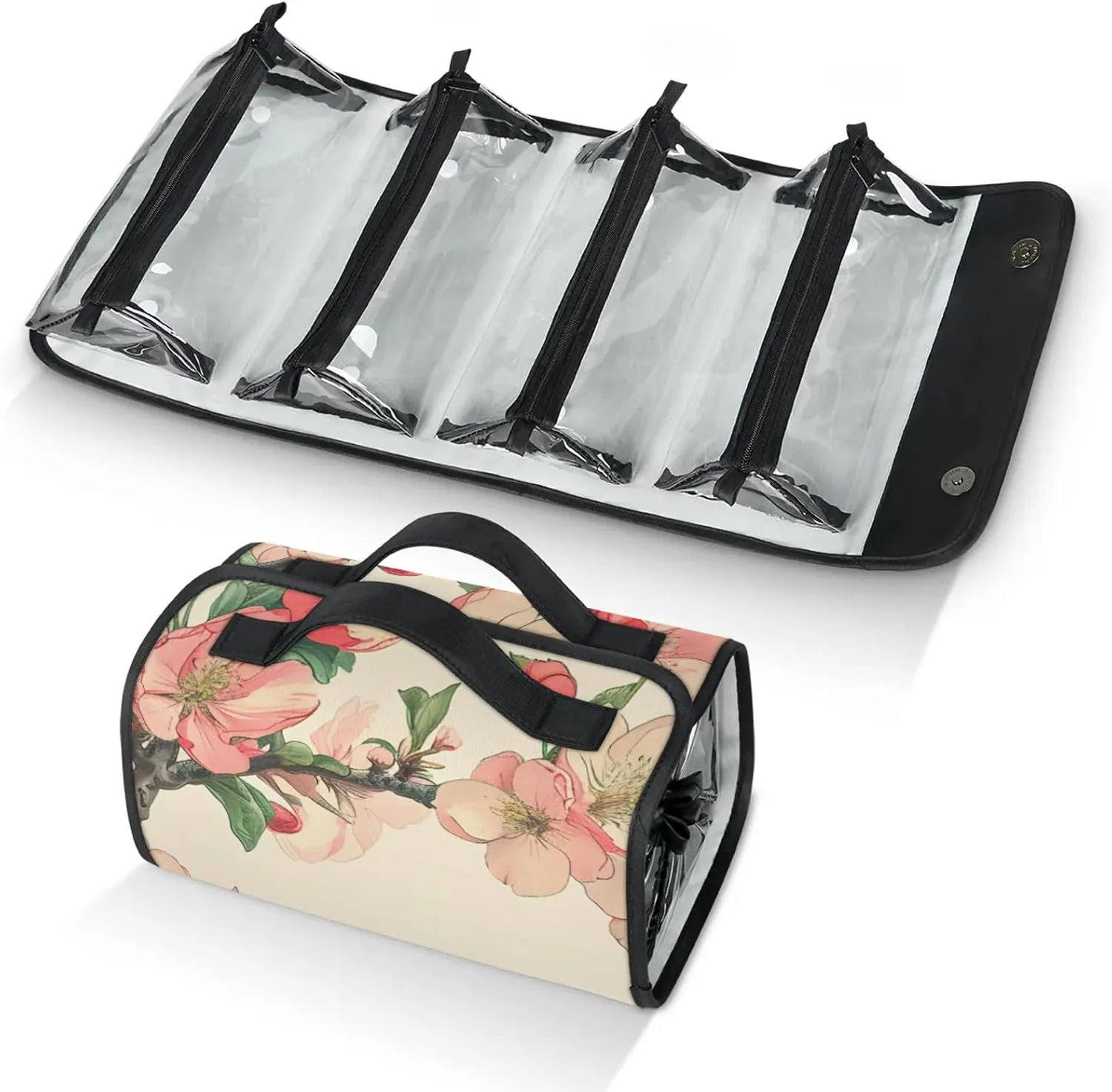 Spring Peach Blossom Travel Toiletry Bag for Women, 4 in 1 Roll Up Makeup Cosmetic Bag With 4 Removable PVC Zipper Pouch