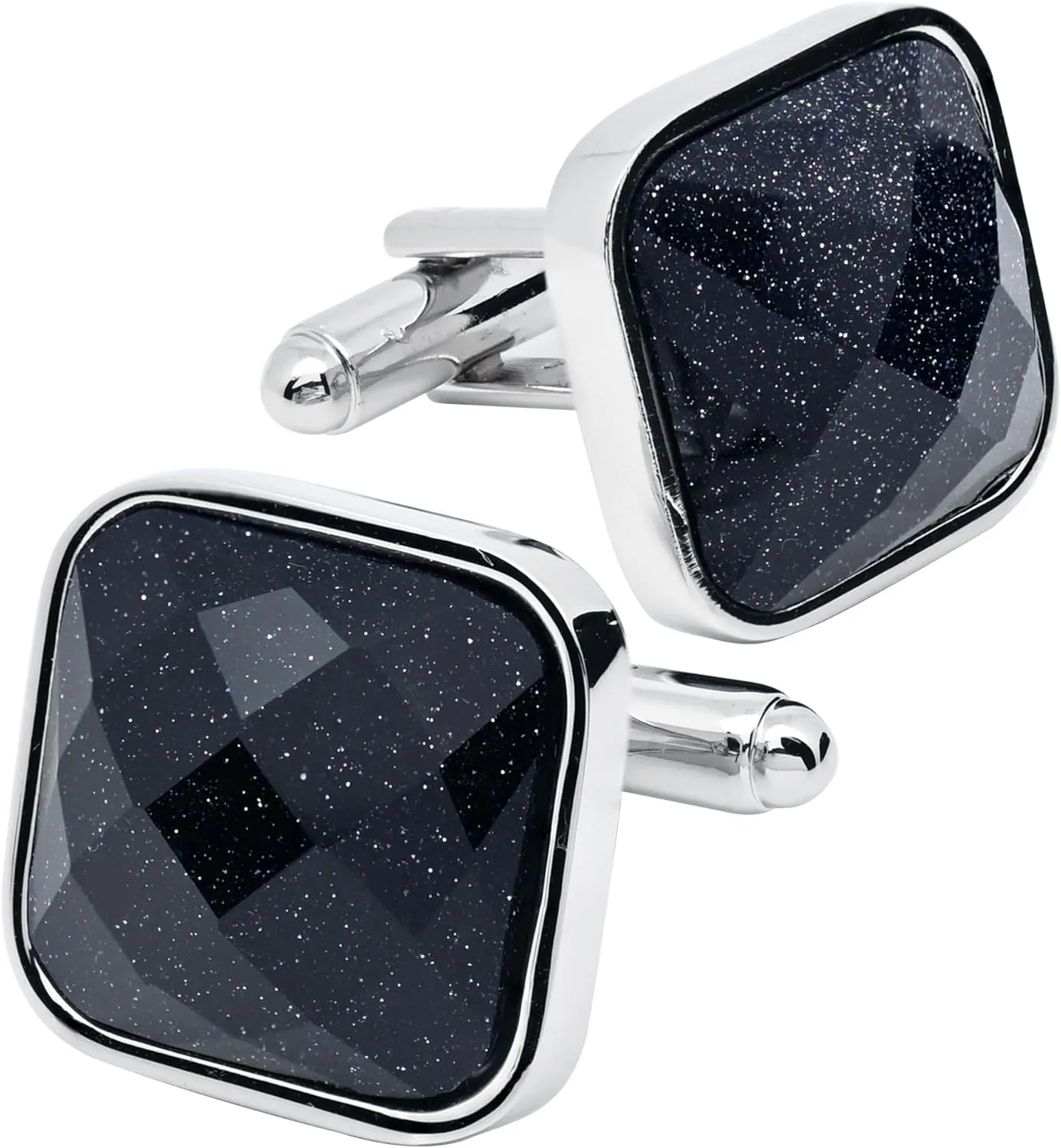Square Natural Blue Sanstone Cufflinks for Men In Gift Case Polyhedral Gemstone Silver Men's Cufflinks Jewelry Set for Wedding Party Anniversary Business Events Dress