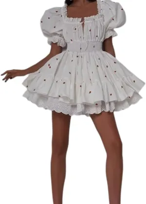 Square Neck Mini Dress for Women Short Puff Sleeve Lace Trim Ruffle Babydoll Dress Cute A Line Bubble Dresses