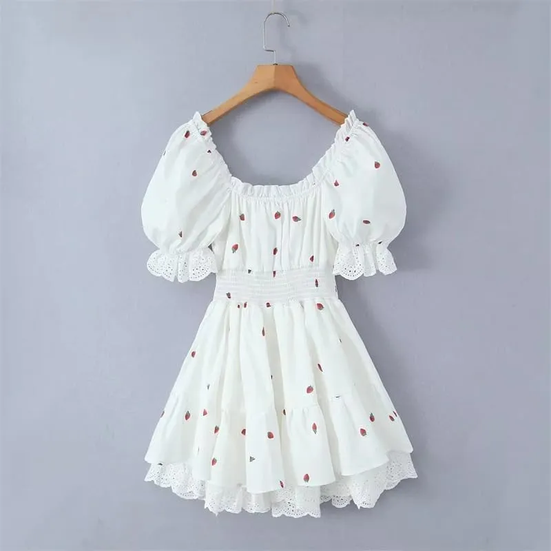 Square Neck Mini Dress for Women Short Puff Sleeve Lace Trim Ruffle Babydoll Dress Cute A Line Bubble Dresses