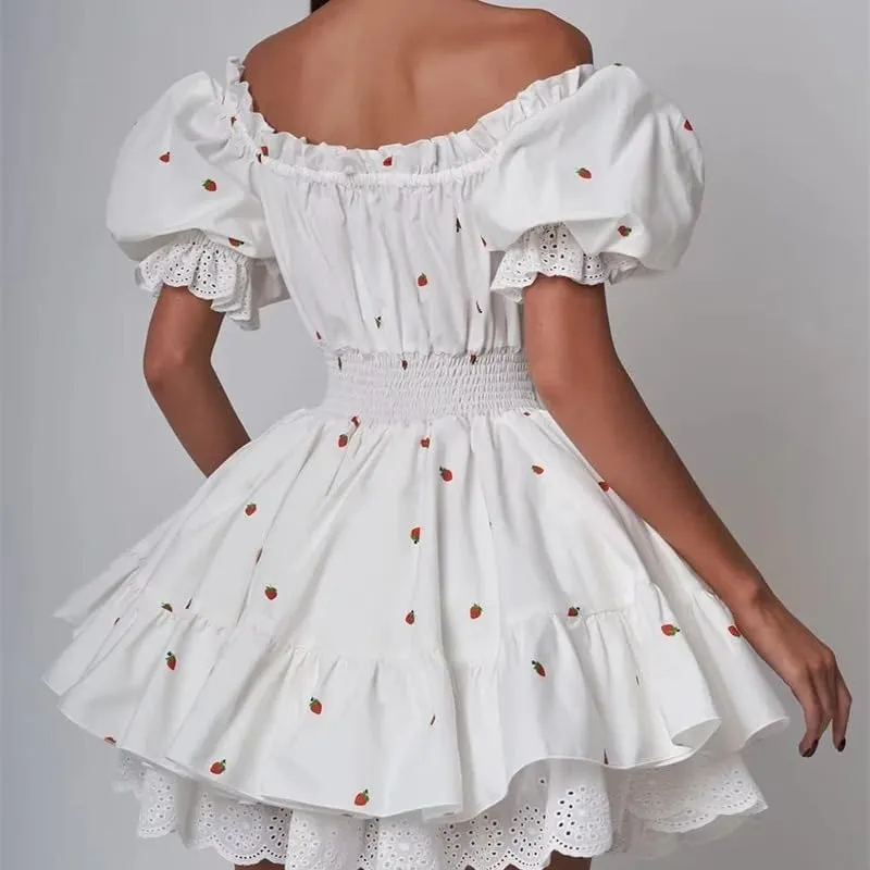Square Neck Mini Dress for Women Short Puff Sleeve Lace Trim Ruffle Babydoll Dress Cute A Line Bubble Dresses