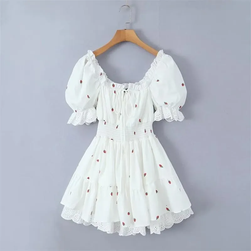Square Neck Mini Dress for Women Short Puff Sleeve Lace Trim Ruffle Babydoll Dress Cute A Line Bubble Dresses