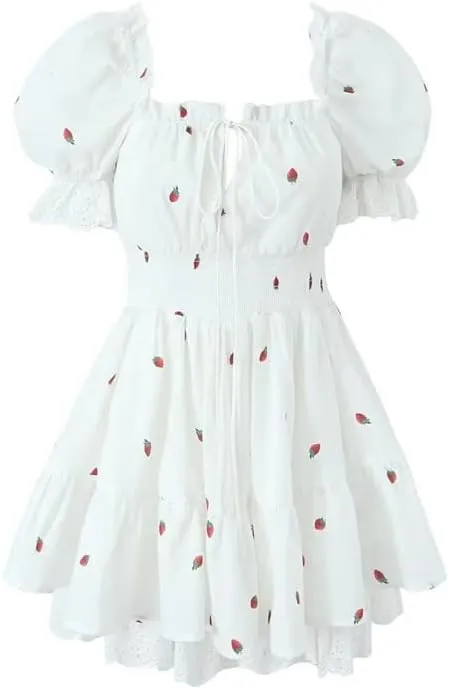 Square Neck Mini Dress for Women Short Puff Sleeve Lace Trim Ruffle Babydoll Dress Cute A Line Bubble Dresses
