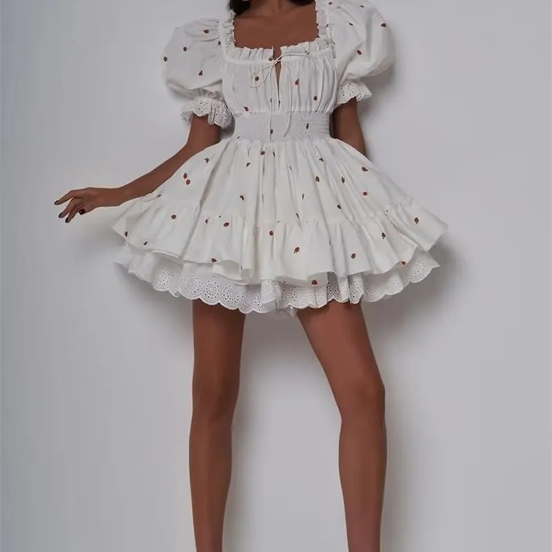Square Neck Mini Dress for Women Short Puff Sleeve Lace Trim Ruffle Babydoll Dress Cute A Line Bubble Dresses