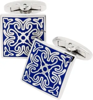 Square Vintage Cloisonne Cufflinks for Men Blue Retro Patterns Men's Cuff Link Set for Wedding Shirt Party Business Birthday Anniversary Dress