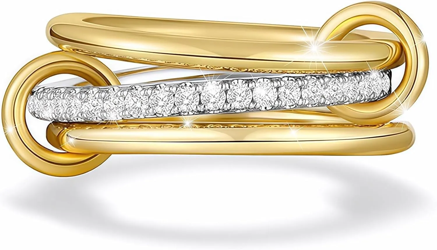 Stainless Steel Interlocking Stackable Rings for Women, Hypoallergenic No Tarnish Cubic Zirconia Jewelry Ring - Dual-Tone Multi-Layer Design for Everyday Wear & Special Occasions