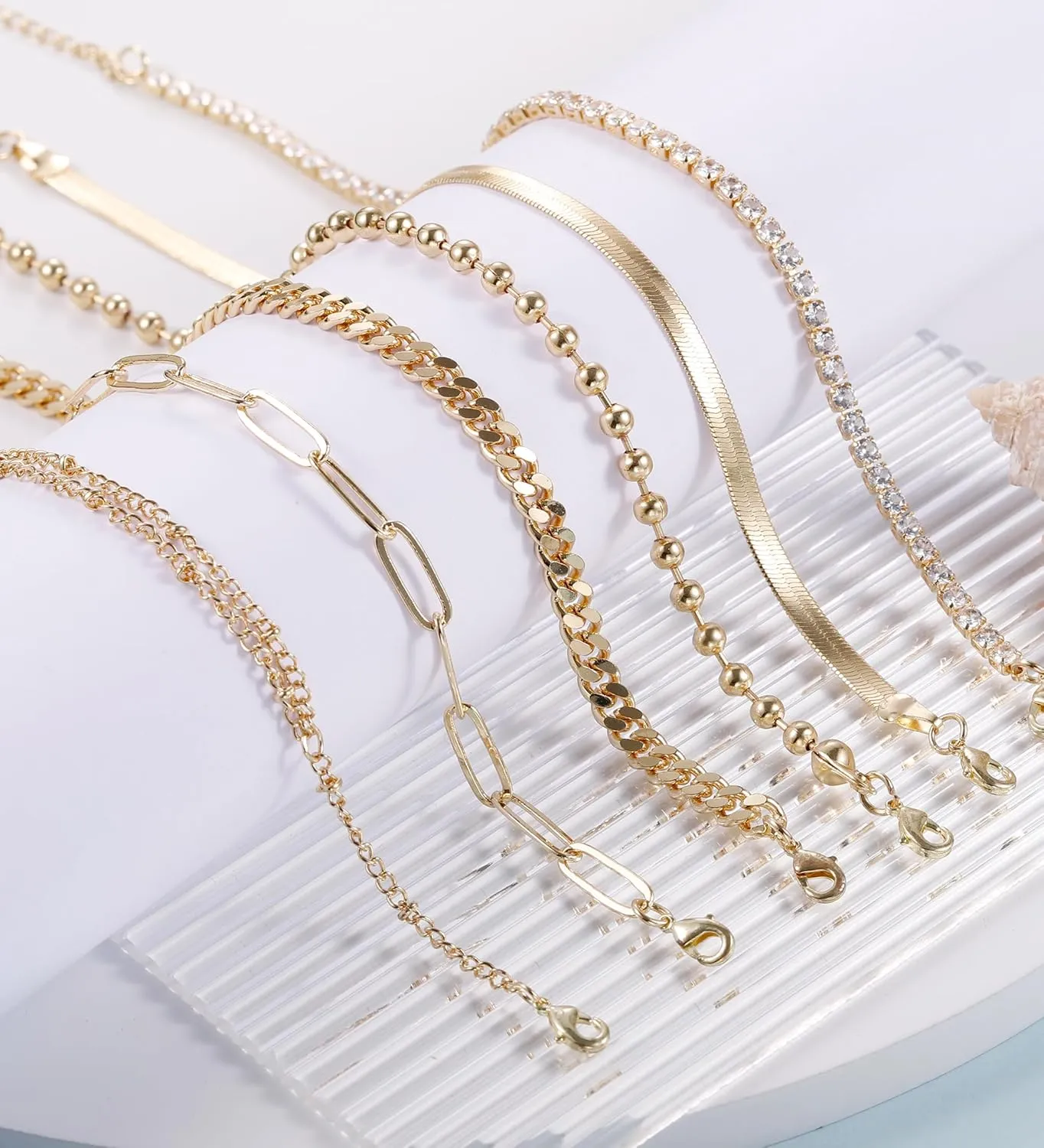 Staligue Ankle Bracelets for Women 14k Gold Plated Waterproof Anklets 6Pcs Adjustable Layered Cuban Link Chain Herringbone Beaded Anklets Set Summer Beach Jewelry Gift