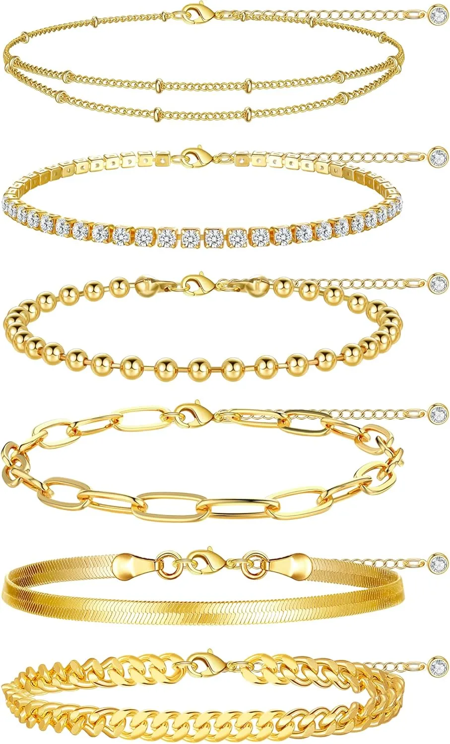 Staligue Ankle Bracelets for Women 14k Gold Plated Waterproof Anklets 6Pcs Adjustable Layered Cuban Link Chain Herringbone Beaded Anklets Set Summer Beach Jewelry Gift