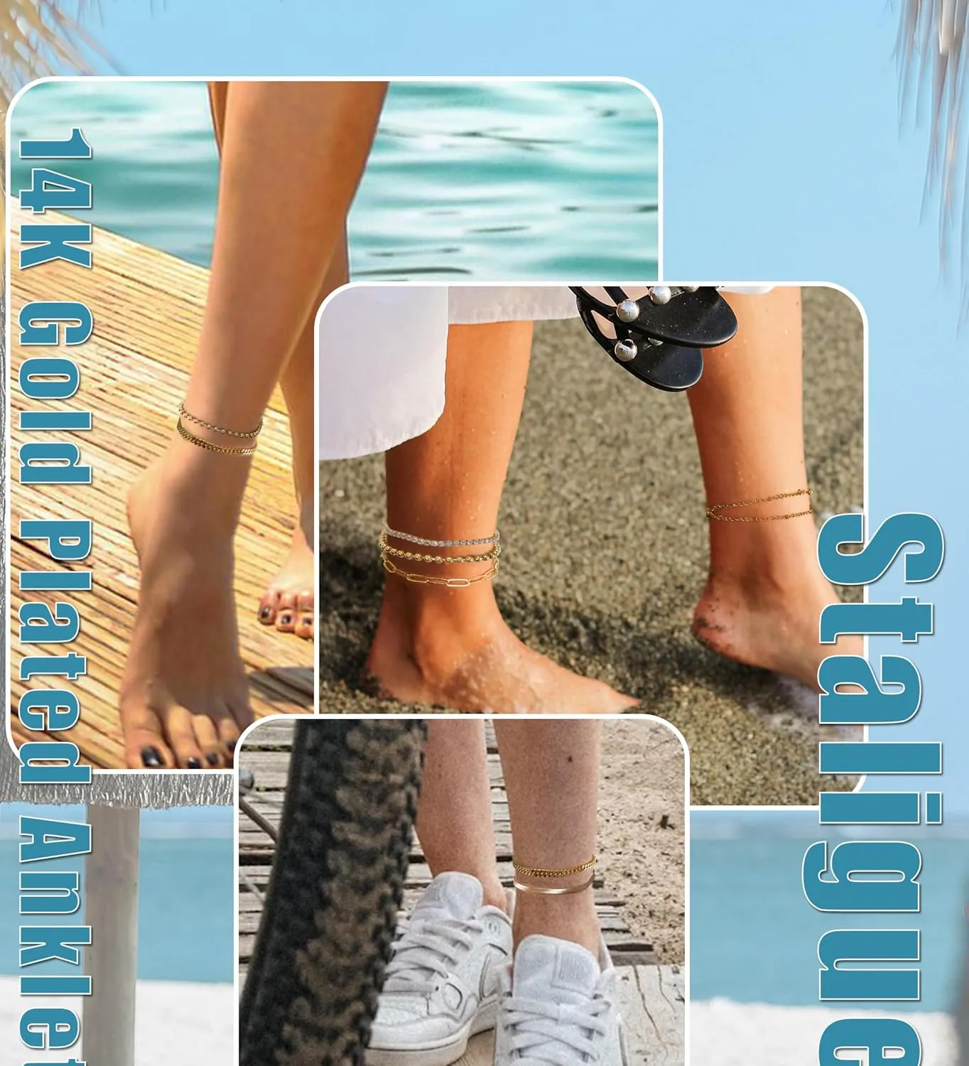Staligue Ankle Bracelets for Women 14k Gold Plated Waterproof Anklets 6Pcs Adjustable Layered Cuban Link Chain Herringbone Beaded Anklets Set Summer Beach Jewelry Gift