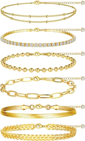 Staligue Ankle Bracelets for Women 14k Gold Plated Waterproof Anklets 6Pcs Adjustable Layered Cuban Link Chain Herringbone Beaded Anklets Set Summer Beach Jewelry Gift
