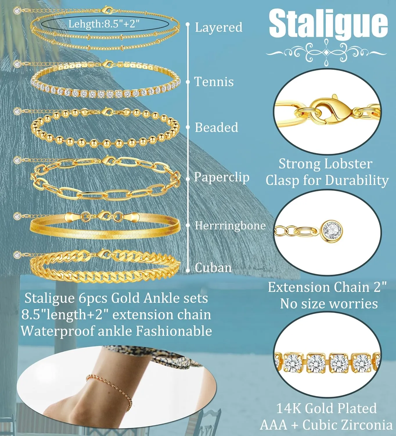 Staligue Ankle Bracelets for Women 14k Gold Plated Waterproof Anklets 6Pcs Adjustable Layered Cuban Link Chain Herringbone Beaded Anklets Set Summer Beach Jewelry Gift