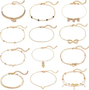 Starain 12pcs Women's Charm Anklet Set Gold Multilayer Adjustable Ankle Bracelets Boho Beach Foot Anklet for Women