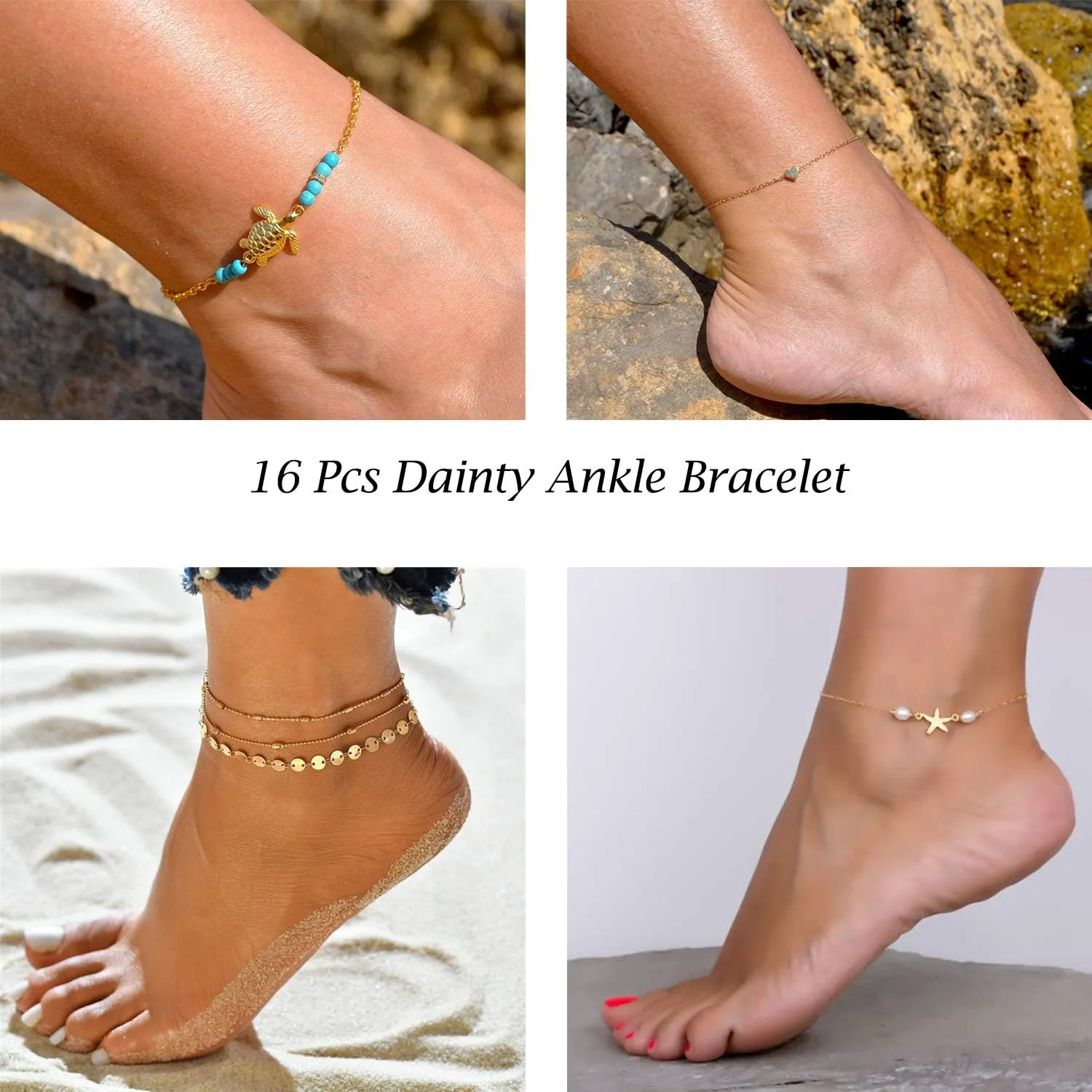 Starain 12pcs Women's Charm Anklet Set Gold Multilayer Adjustable Ankle Bracelets Boho Beach Foot Anklet for Women