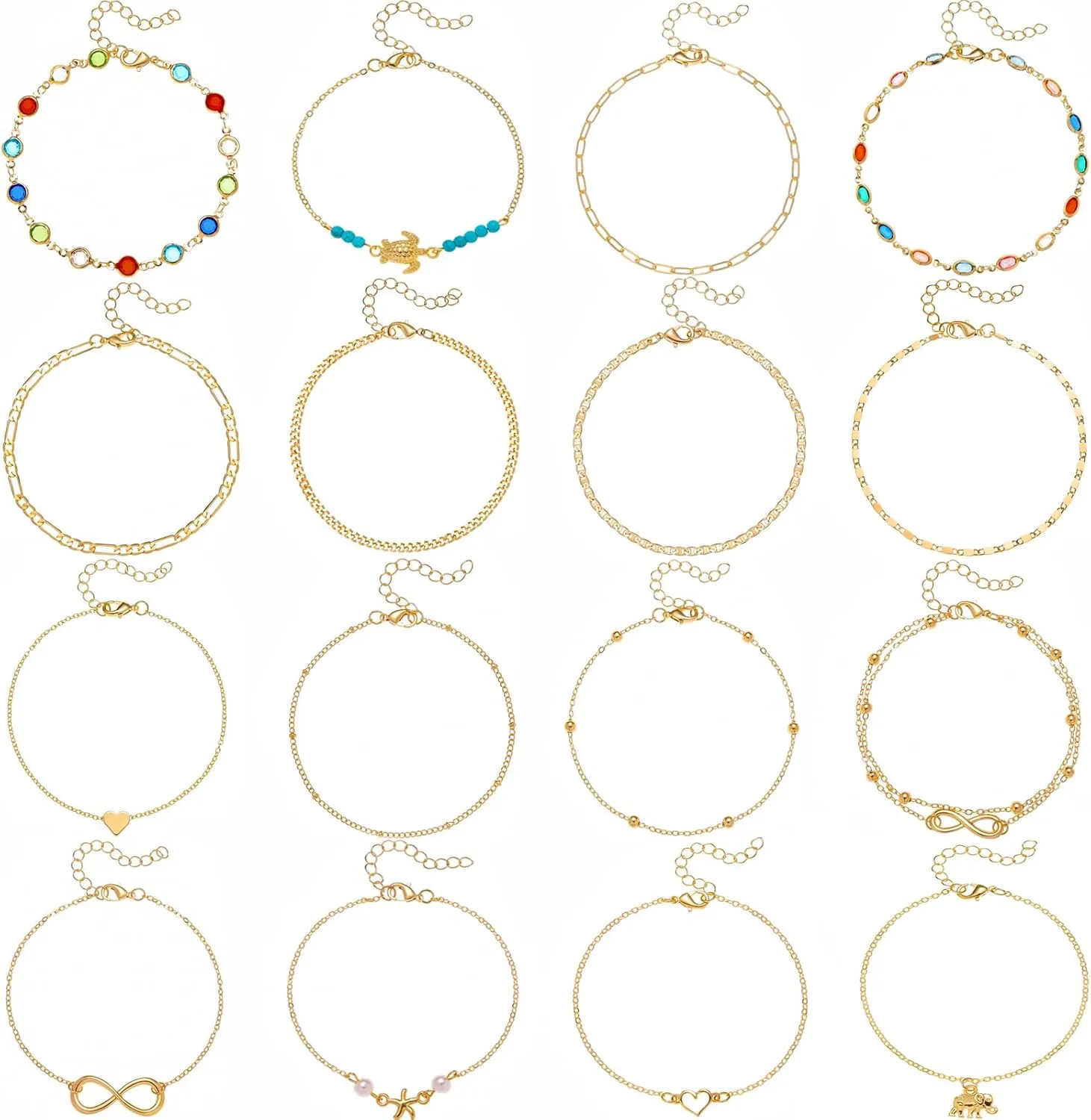 Starain 12pcs Women's Charm Anklet Set Gold Multilayer Adjustable Ankle Bracelets Boho Beach Foot Anklet for Women