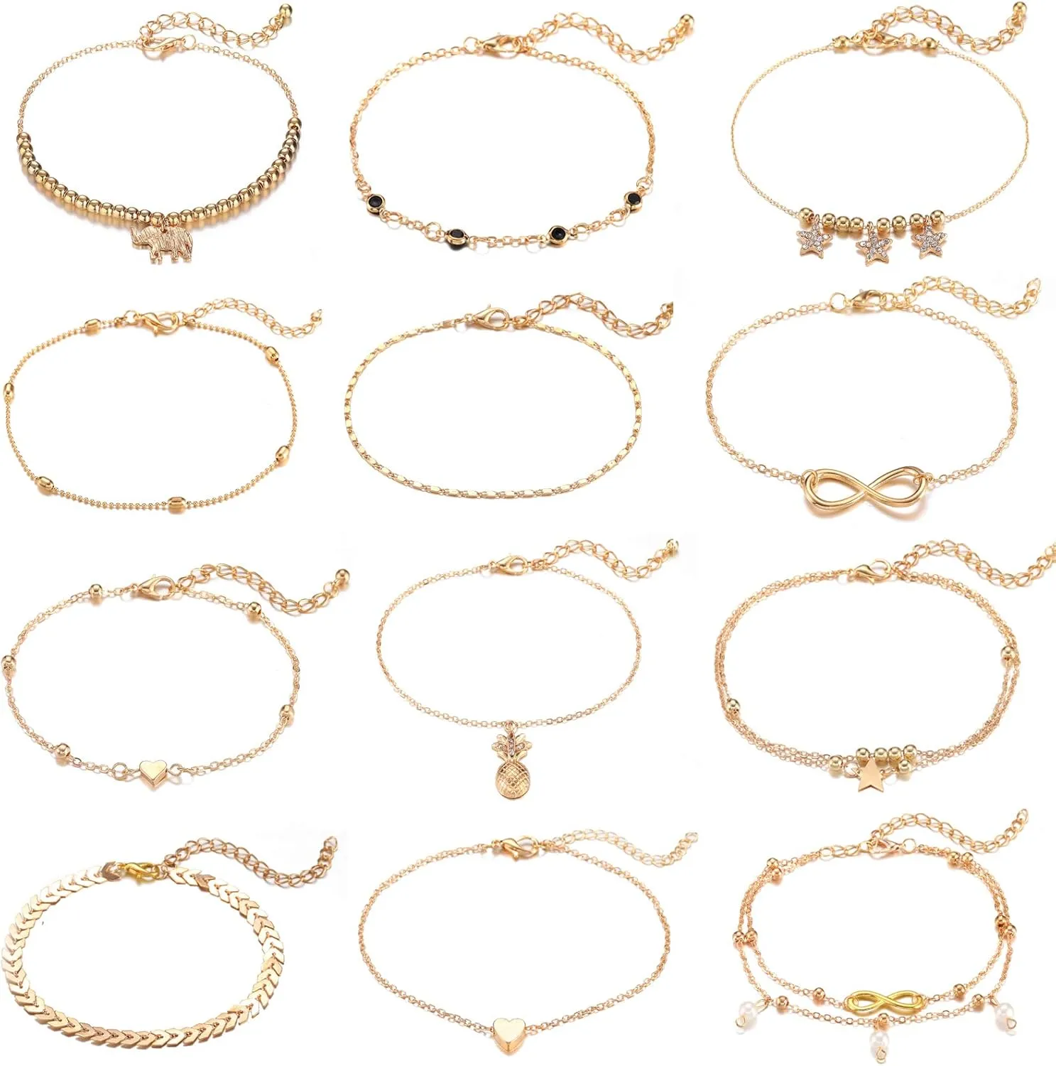Starain 12pcs Women's Charm Anklet Set Gold Multilayer Adjustable Ankle Bracelets Boho Beach Foot Anklet for Women