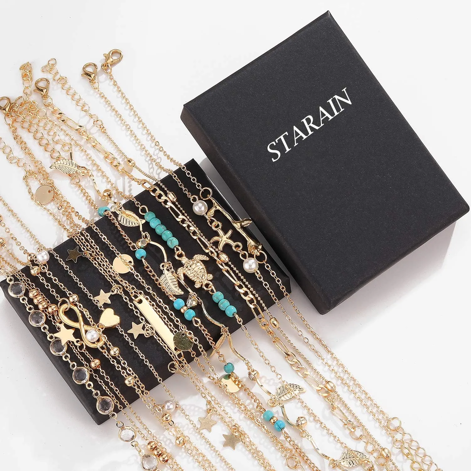 Starain 12pcs Women's Charm Anklet Set Gold Multilayer Adjustable Ankle Bracelets Boho Beach Foot Anklet for Women