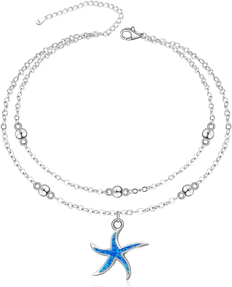 Starfish Anklets for Women Sterling Silver Starfish Anklet Bracelets Beach Jewelry Summer Ocean Blue Abalone Shell Anklet Multilayer Beaded Adjustable