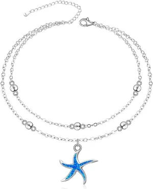 Starfish Anklets for Women Sterling Silver Starfish Anklet Bracelets Beach Jewelry Summer Ocean Blue Abalone Shell Anklet Multilayer Beaded Adjustable