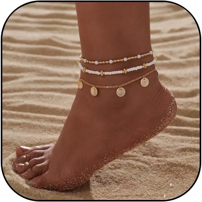 Starfish Shell Ankle Bracelet for Women Boho Stackable Beaded Anklet Adjustable Summer Beach Seashell Ankle Bracelet for Women Conch Hawaiian Foot Jewelry