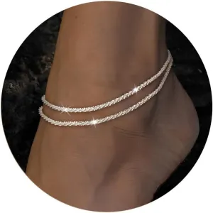 Sterling Silver Ankle Bracelets for Women - Waterproof Silver Anklets Trendy 925 Sterling Silver/14K Gold Plated Stackable Sparkling Link Chian Anklet Bracelet Set for Women Dainty Jewelry Gift